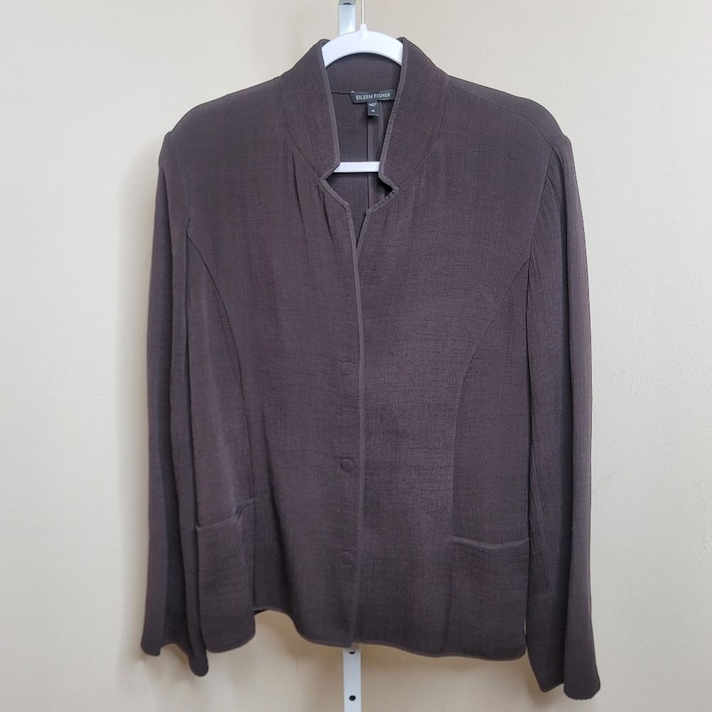 Eileen Fisher Women's Size M Brown Silk Blend Blazer Crinkle Textured Magnetic